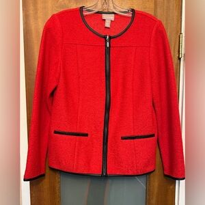 Chico’s Women’s Red Wool Blend Full Zip-up Black Faux Leather Trim Jacket -O